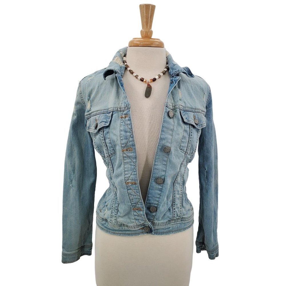 Aeropostale Womens Distressed Denim Jean Jacket Size S Button Up Pockets Y2K 90s